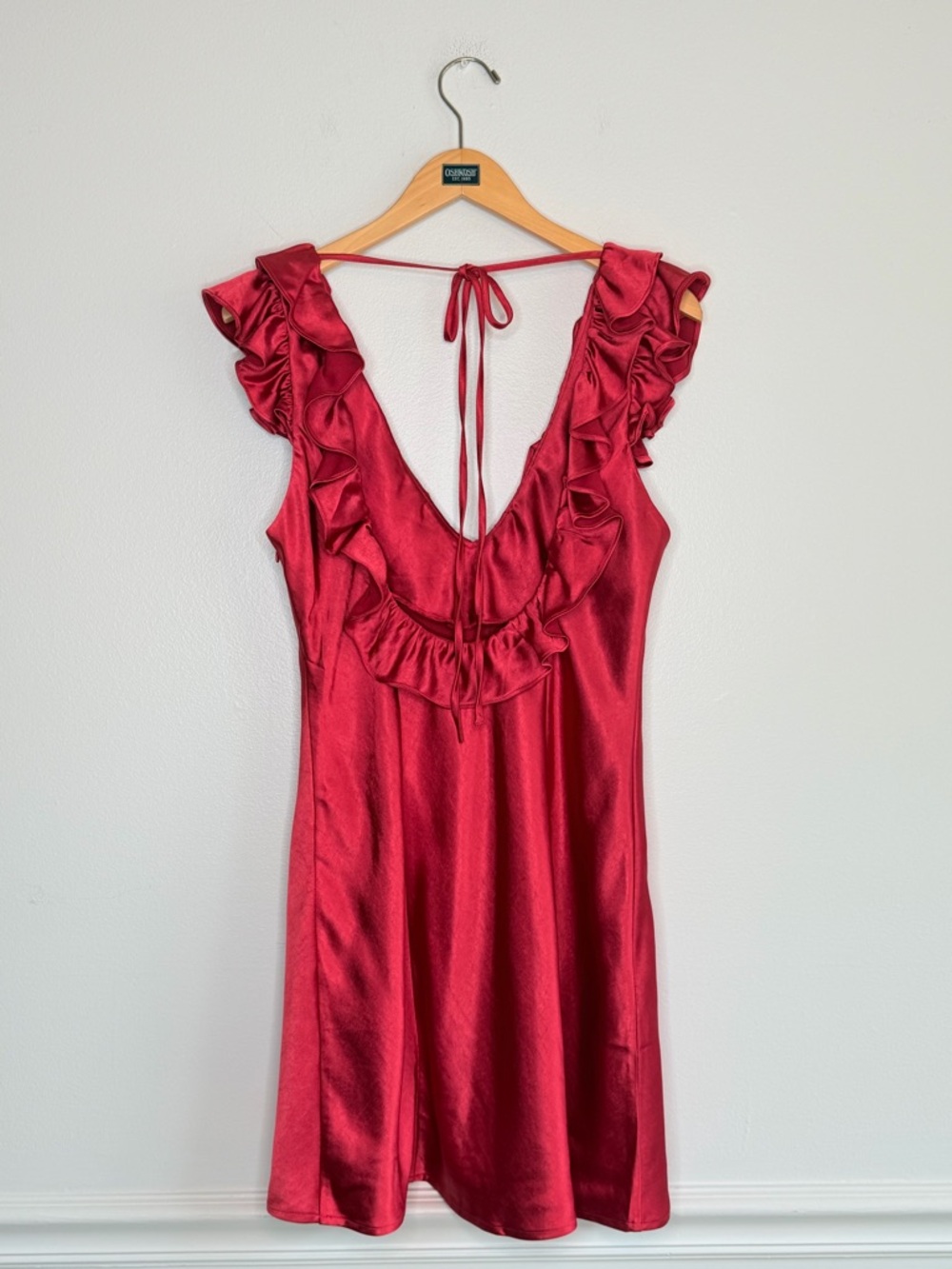NEW Princess Polly Butacup Frill Back Tie Satin Mini Dress in Red Womenβs Size 8 - Picture 9 of 13
